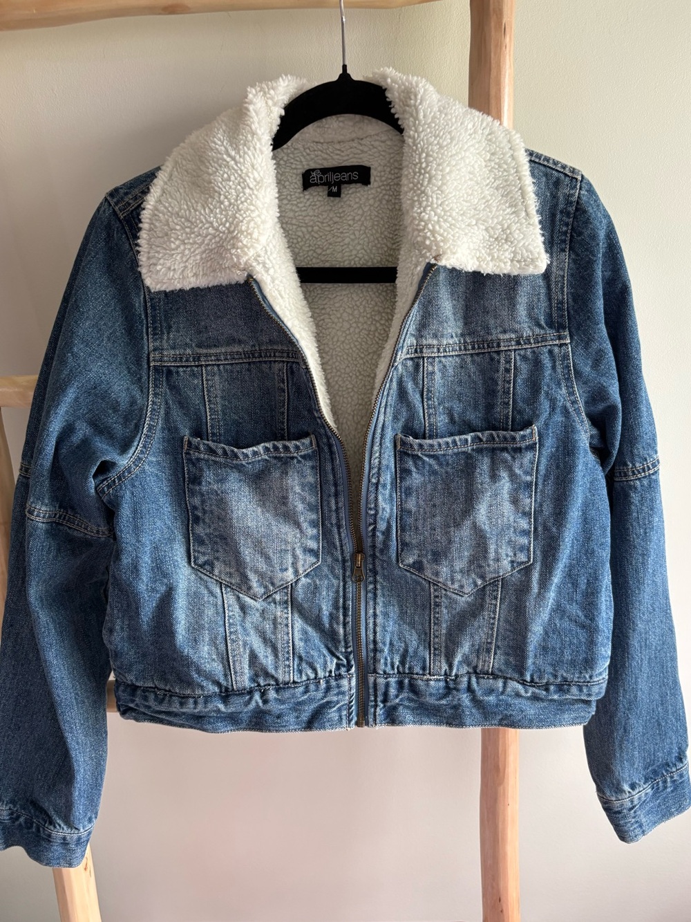 Denim Sherpa-Lined Cropped Jean Jacket in Blue by April Jeans